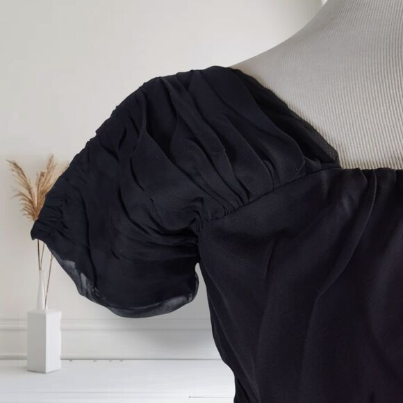 Vintage 50s Silk Midi Cocktail Dress Size 4 Black Ruched Empire Waist Bombshell - Picture 9 of 16